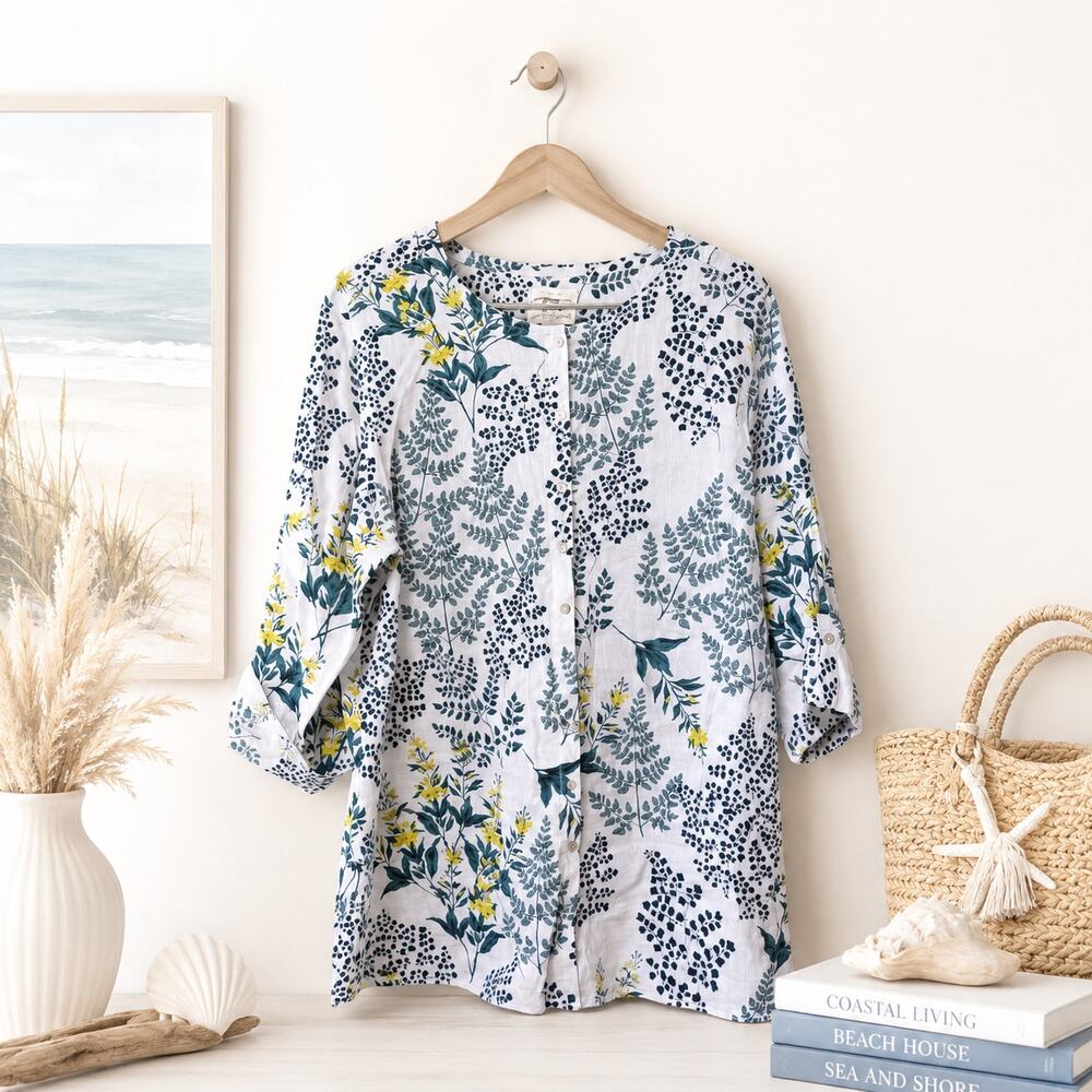 Cynthia Rowley 100% Linen Button-Up Tunic Top Cottagecore Floral Size 1x NWOT